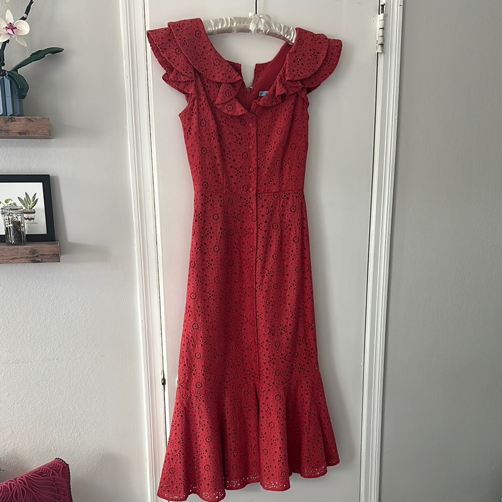 Antonio Melani lace Ruffle sleeveless dress floral button up flounce hem